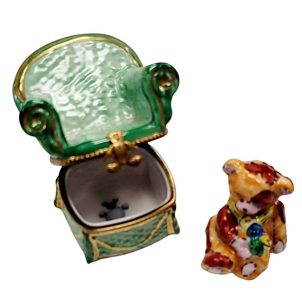 The painter's artistry shows on this Removable Teddy Bear in Green Chair Limoges box