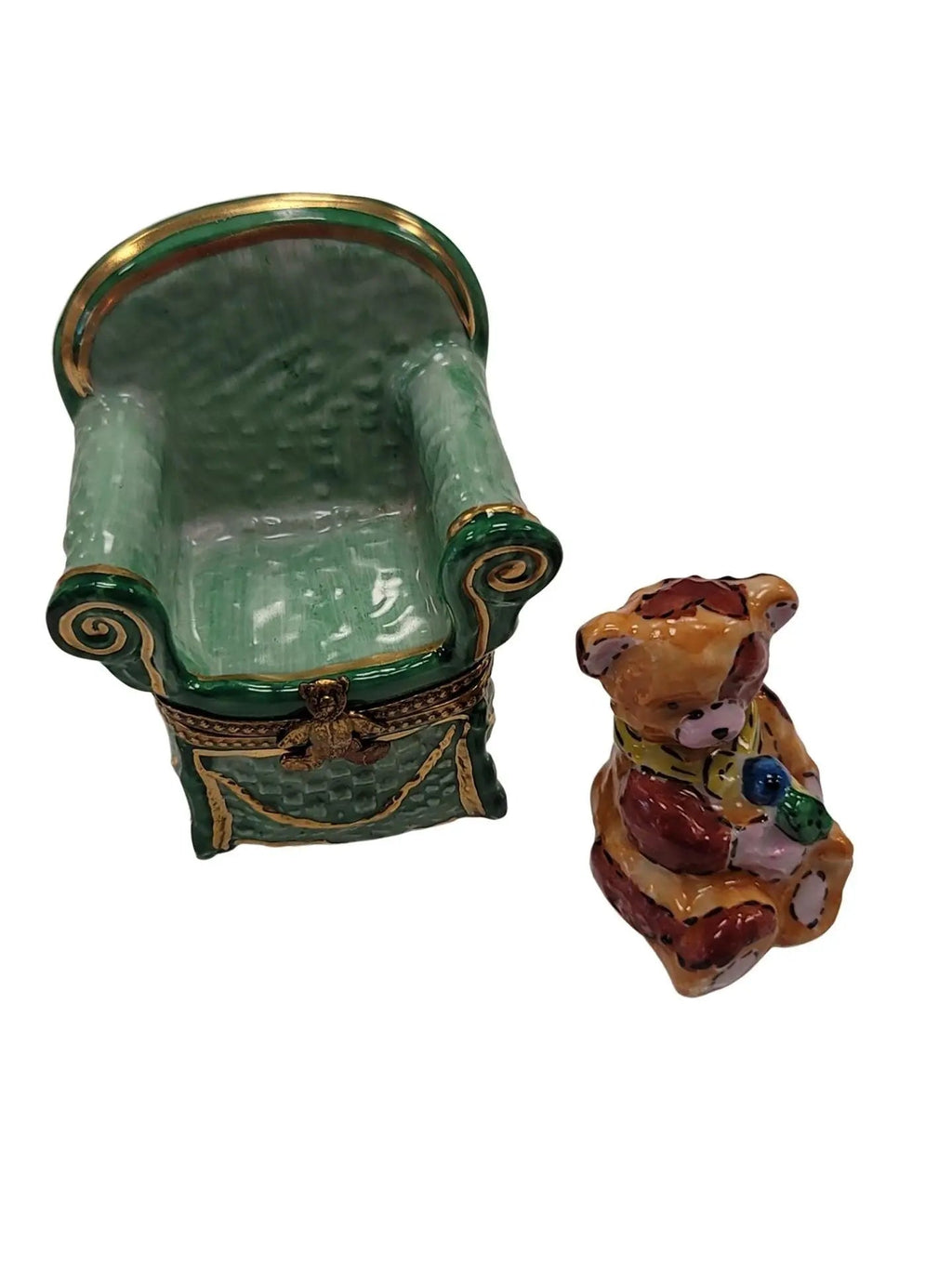 Removable Teddy Bear in Green Chair Limoges Box Figurine, view 5