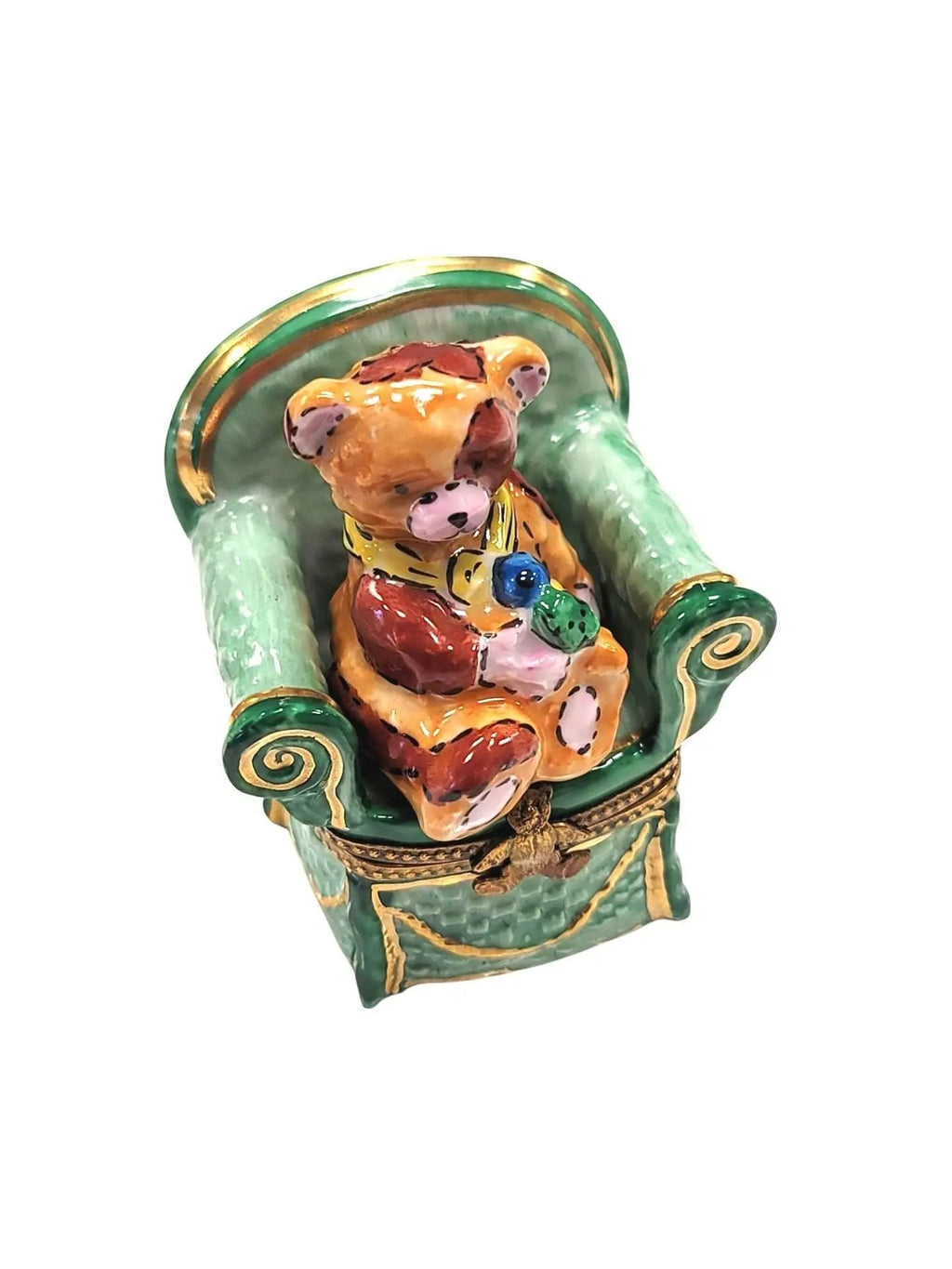 Removable Teddy Bear in Green Chair Limoges Box Figurine, a hand-painted Limoges porcelain gift