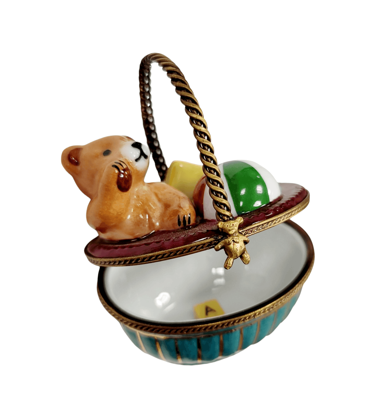 Teddy Bear in Basket Porcelain Limoges Porcelain Art Object, view 2