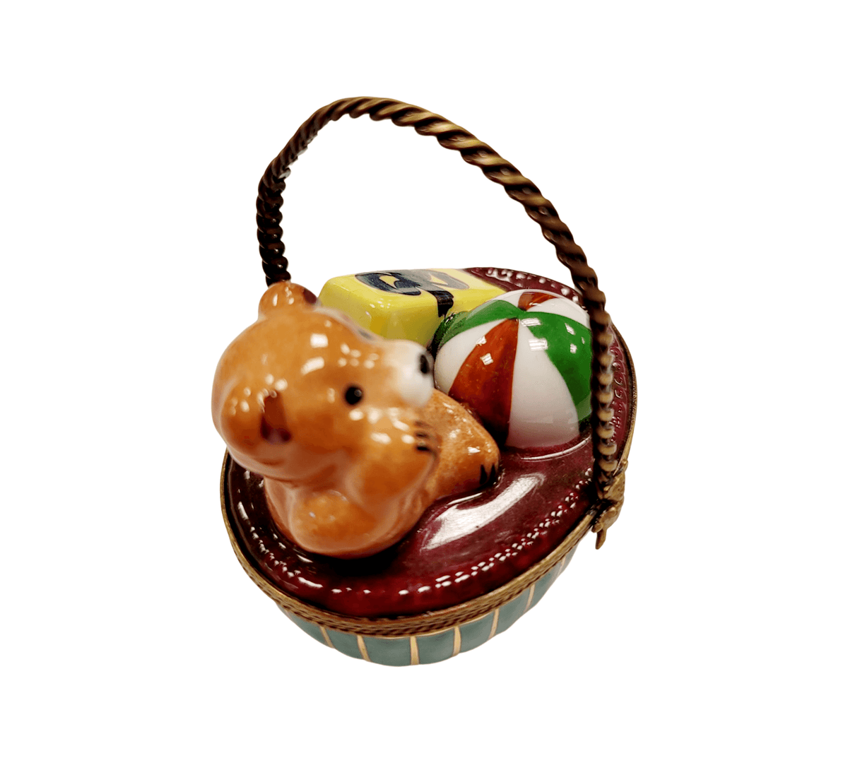 Teddy Bear in Basket Porcelain Limoges Porcelain Art Object, view 4