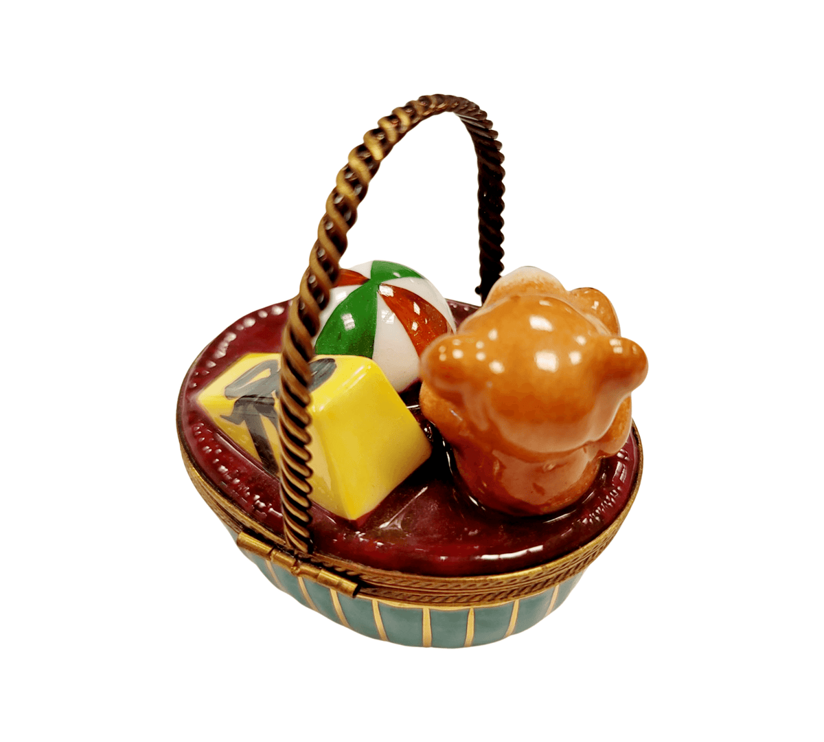 Teddy Bear in Basket Porcelain Limoges Porcelain Art Object, view 5