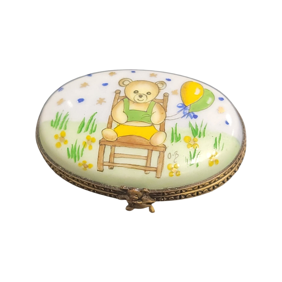 Teddy Bear on Oval Limoges Porcelain Box, a hand-painted Limoges porcelain gift