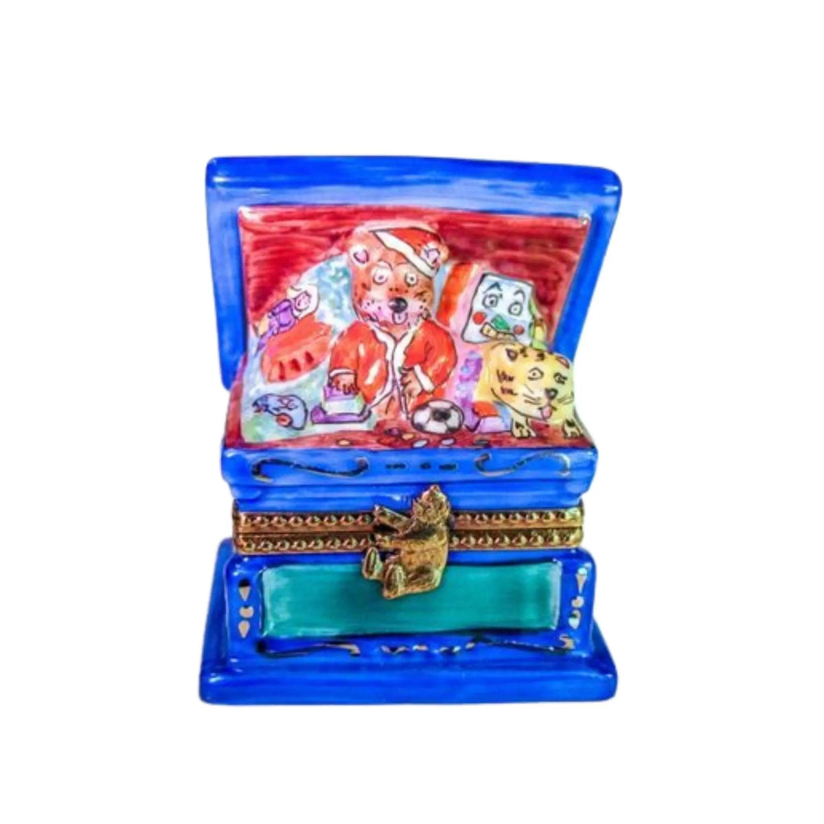 Limoges Boutique presents the Teddy Bear Chest of Toys from Santa, a genuine Limoges box painted by hand in France