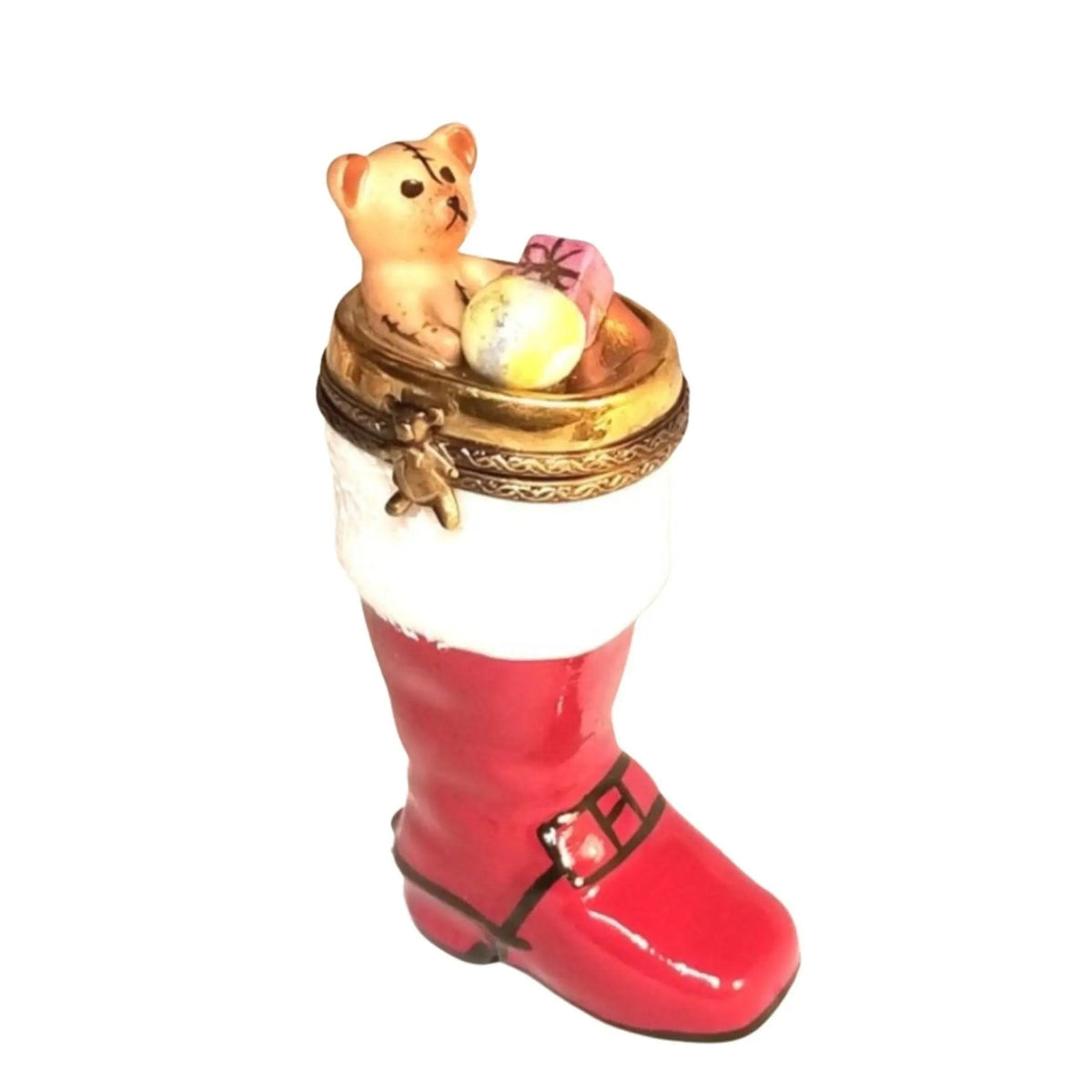 Hand-painted Christmas Boot Stocking with Teddy Bear Presents Limoges box, French artistry for lovers of fine art