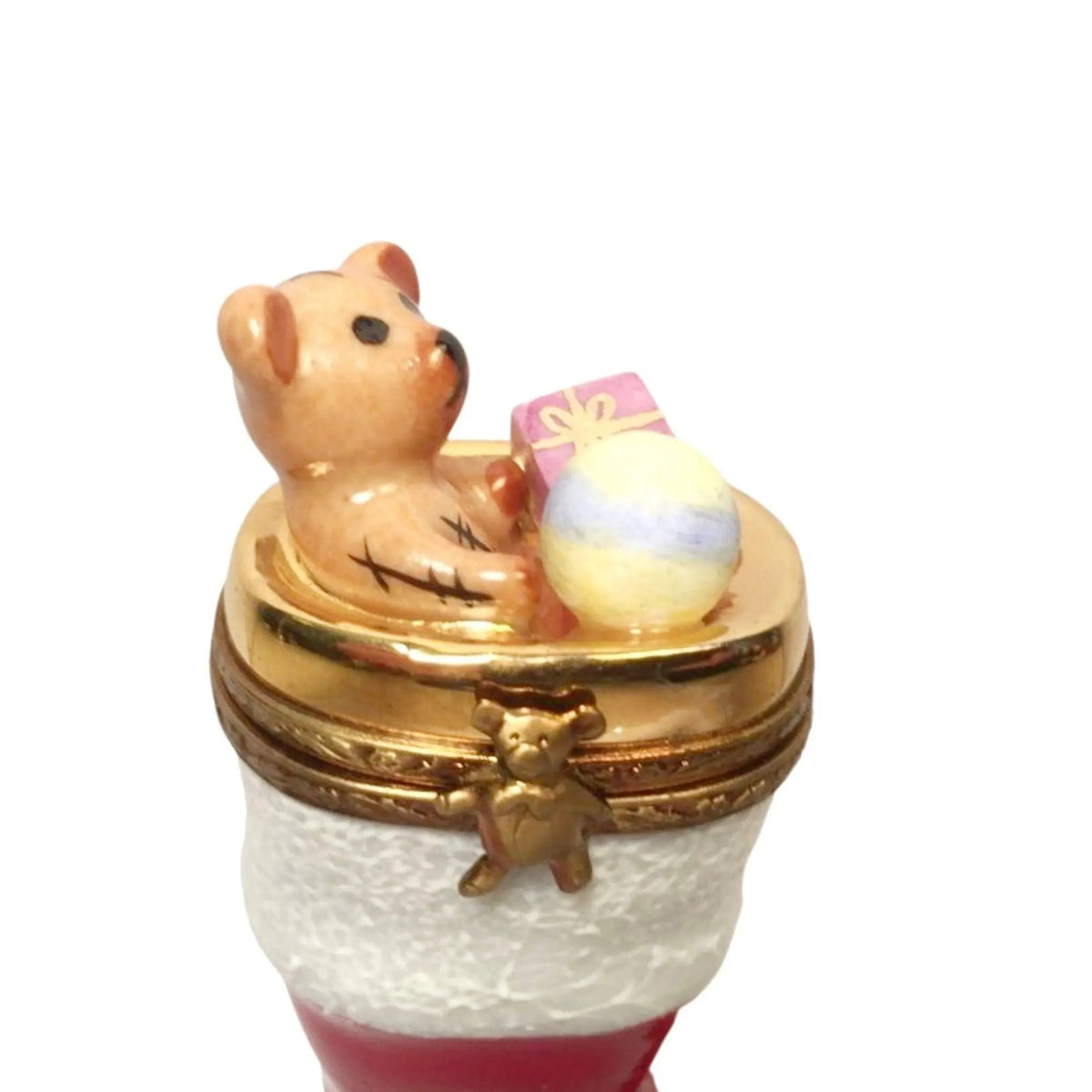 Christmas Boot Stocking with Teddy Bear Presents Limoges box painted by hand in Limoges, France, a gift to treasure