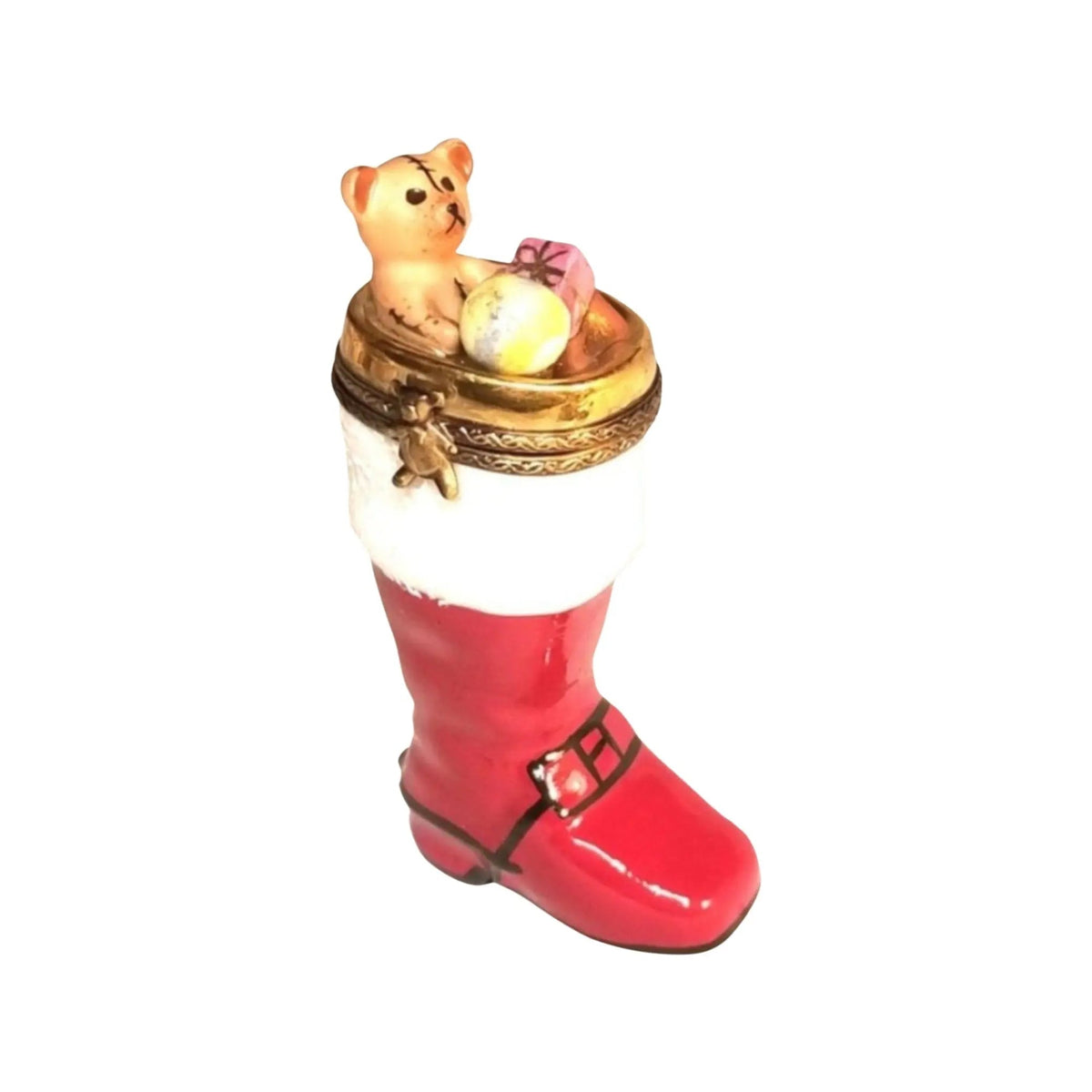 Collectible Christmas Boot Stocking with Teddy Bear Presents Limoges box with artisan brushwork