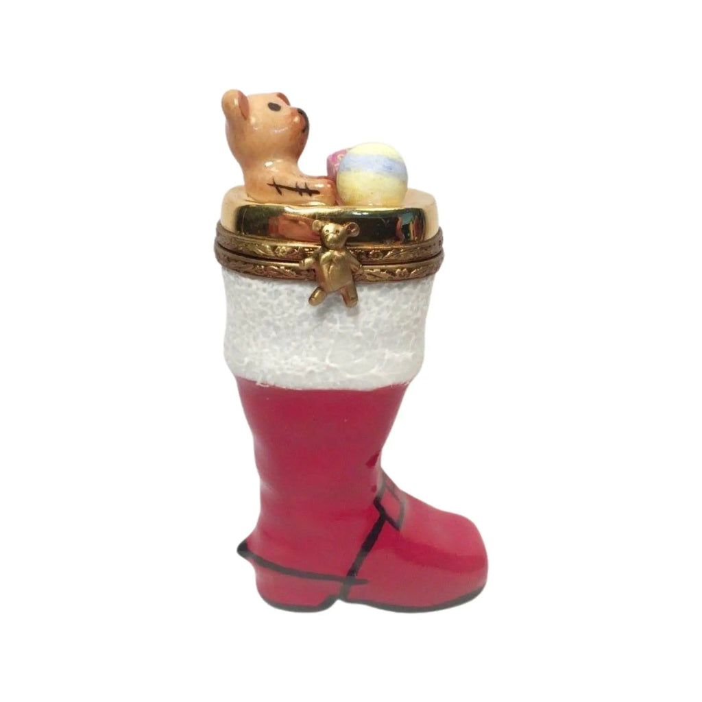 Christmas Boot Stocking w Teddy Bear Presents Limoges Box, a hand-painted Limoges porcelain gift