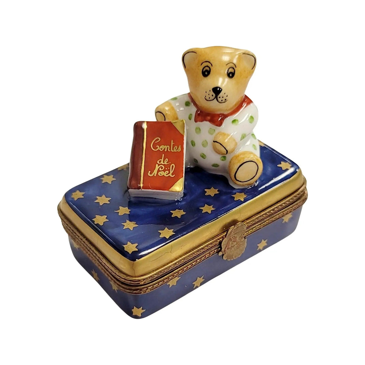 Every brushstroke by hand on the Teddy Bear with Christmas Book Limoges box from France