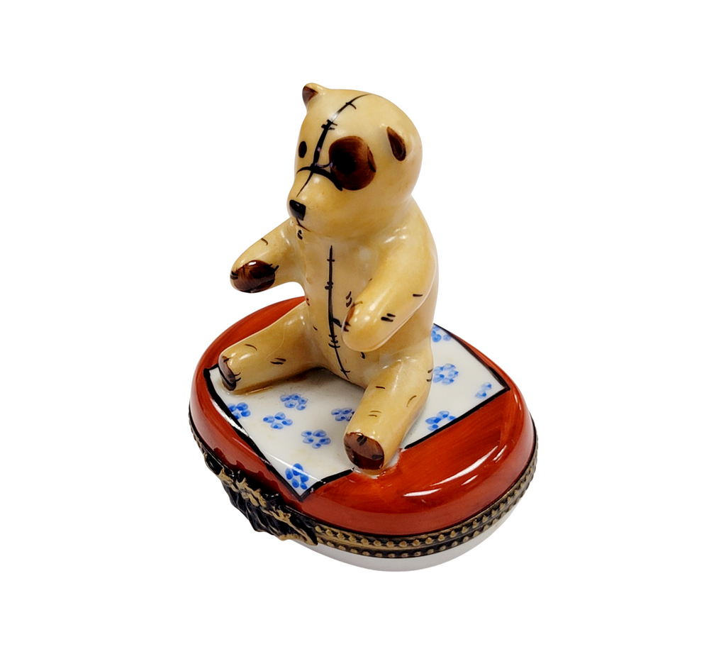 Treasured French collectible: Teddy Bear Blanket for Baby Shower Limoges box, painted by hand