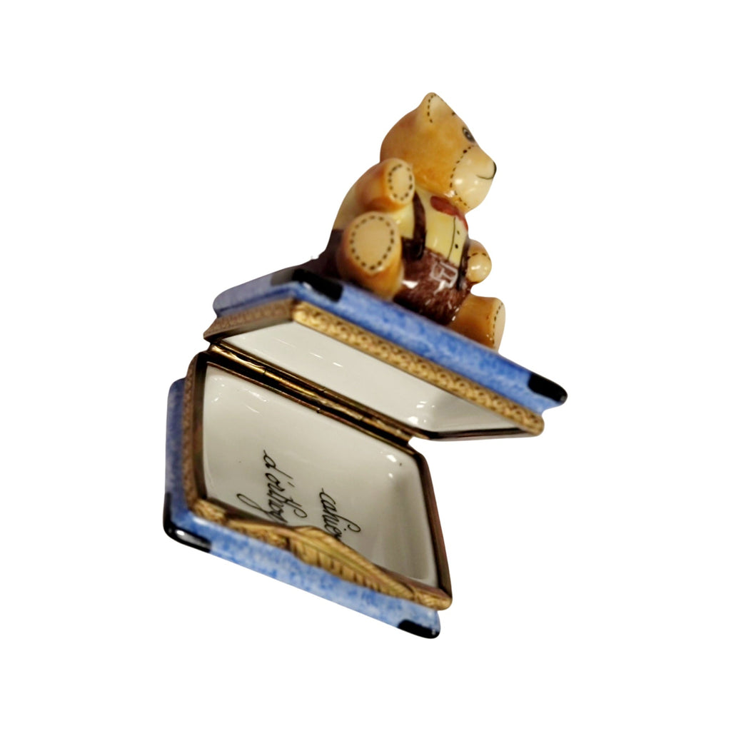 Painted details on the Teddy Bear on Blue Book Limoges box, French art in miniature