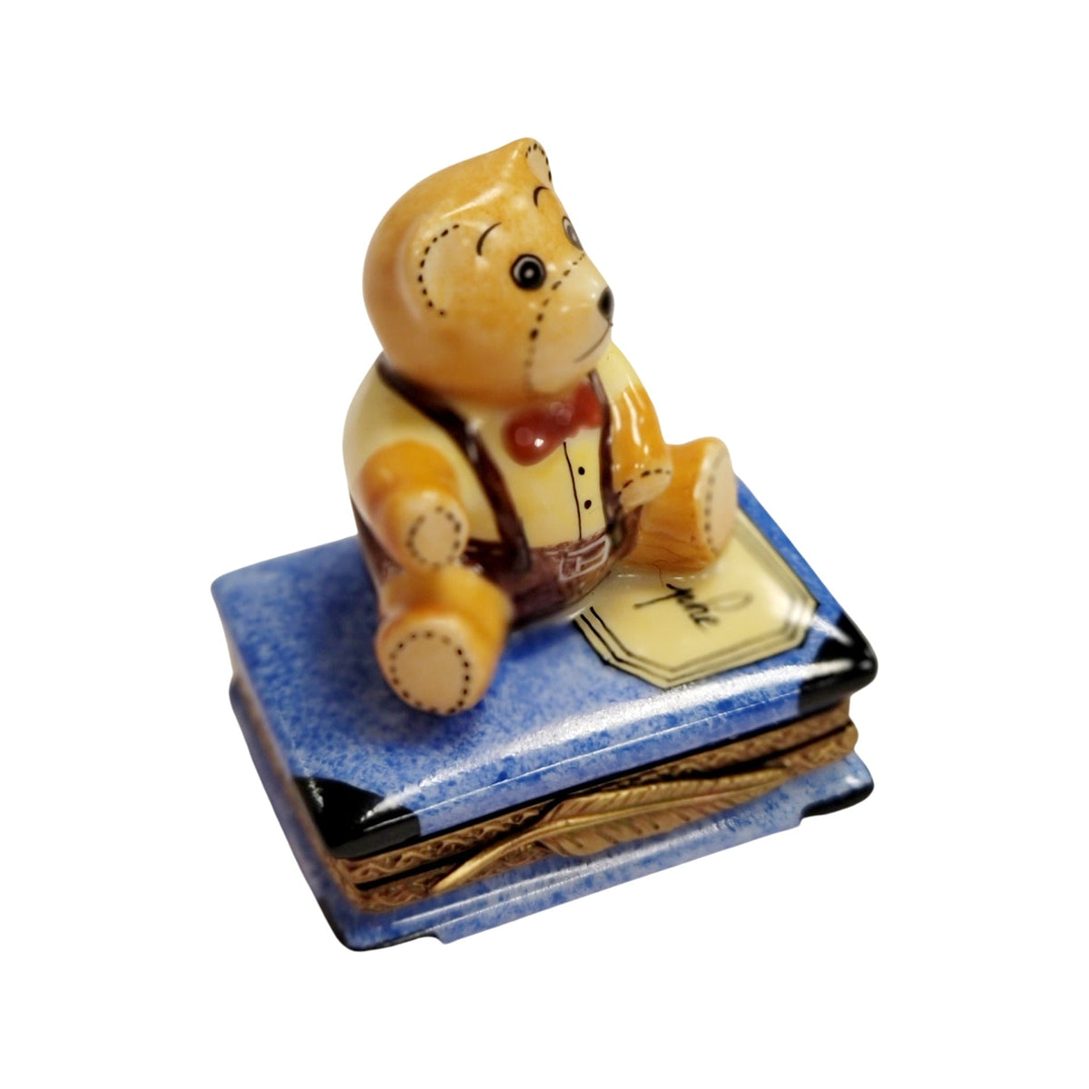 Artisan-painted Teddy Bear on Blue Book Limoges box from France, a cherished collectible