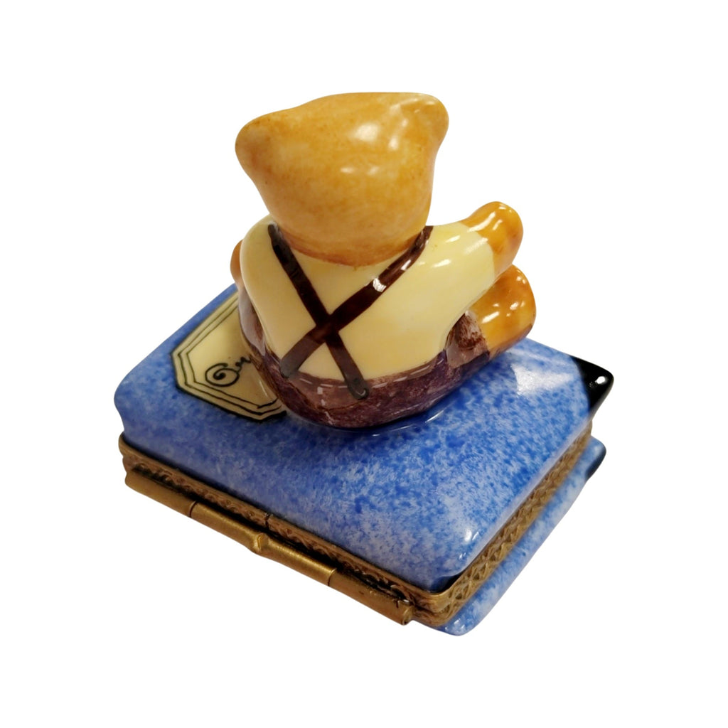 Treasured French collectible: Teddy Bear on Blue Book Limoges box, painted by hand