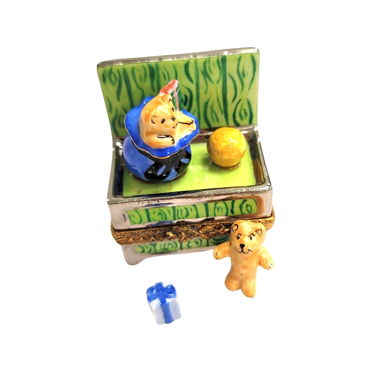 Green Toy Chest Teddy Bear Box, a hand-painted Limoges porcelain gift