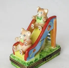 Teddy Bear on Slide Porcelain Limoges Porcelain Art Object, view 2