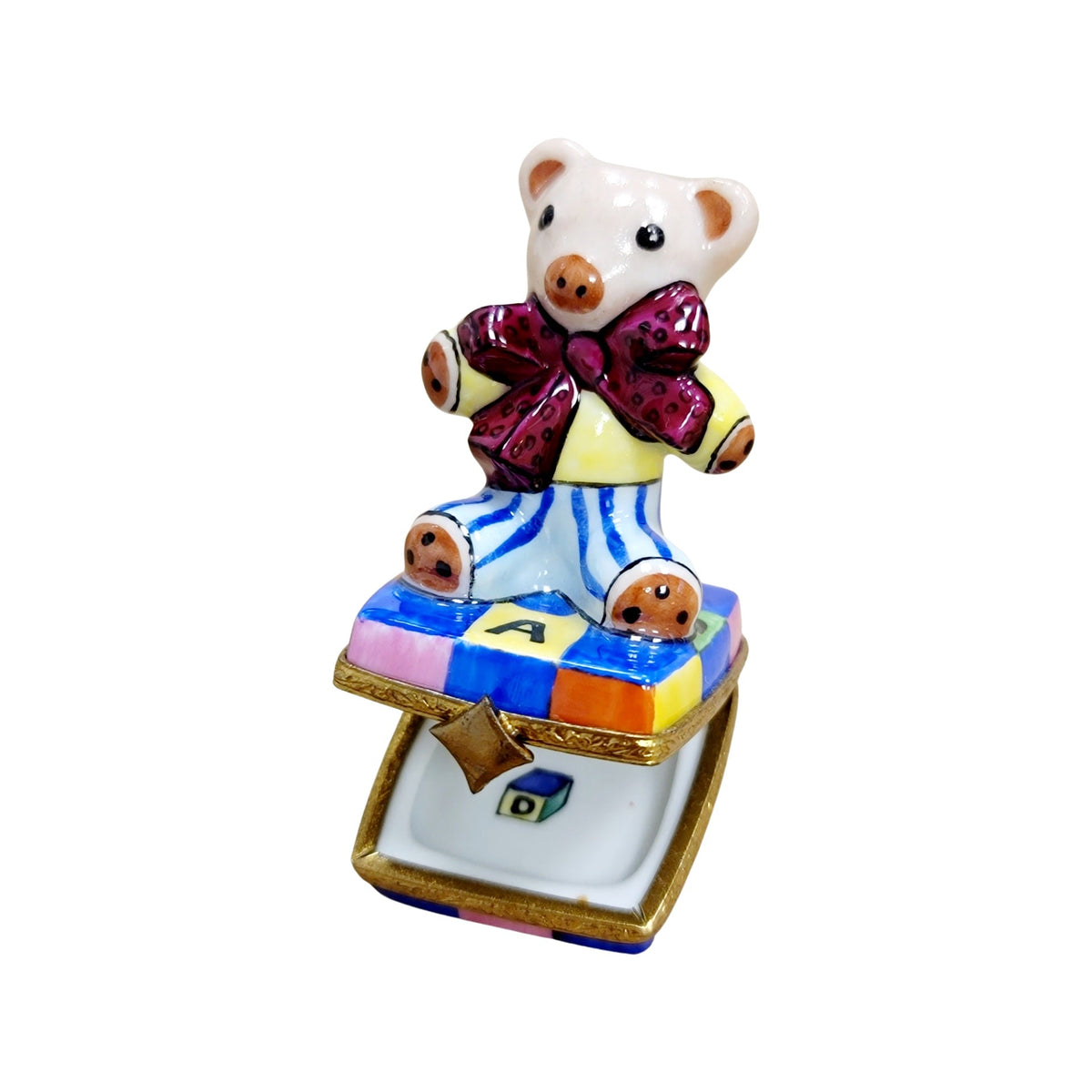 Teddy Bear w Burgundy Bow Limoges Box, view 2