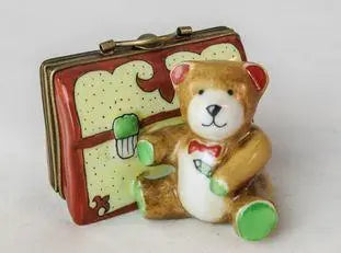 Painted details on the Teddy Bear Suitcase Limoges box, French art in miniature