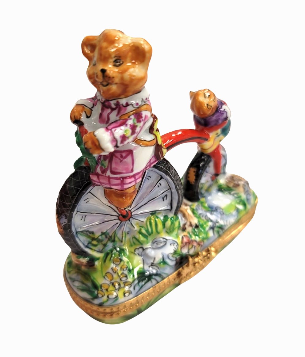 Teddy Bears on Bike Limoges Box Figurine for Collectors, a hand-painted Limoges porcelain gift