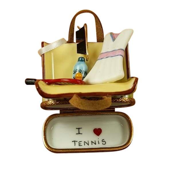 Fine French craftsmanship on the Tennis Bag With Gear Limoges box, painted by hand