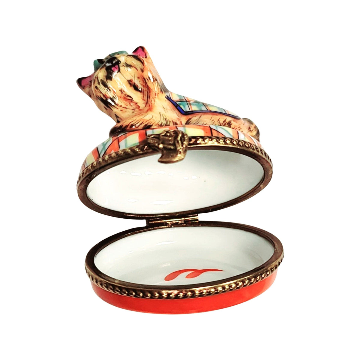 Hand-painted Terrier Yorkshire Dog Plaid Limoges box, French artistry for lovers of fine art