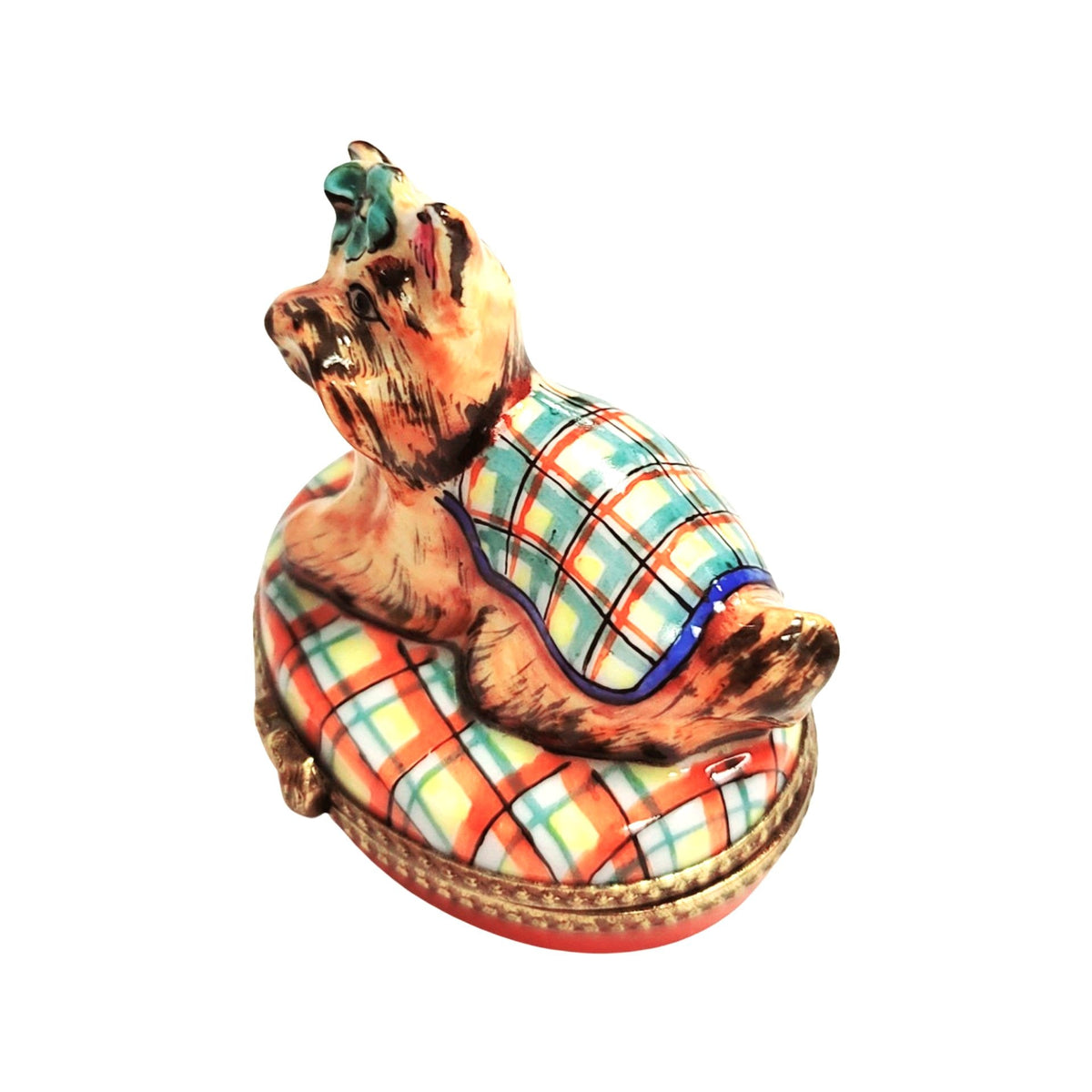 Terrier Yorkshire Dog Plaid Limoges box painted by hand in Limoges, France, a gift to treasure