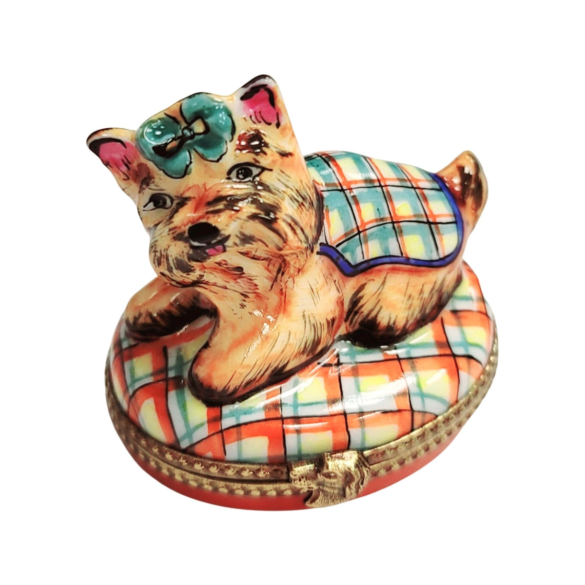 Collectible Terrier Yorkshire Dog Plaid Limoges box with artisan brushwork