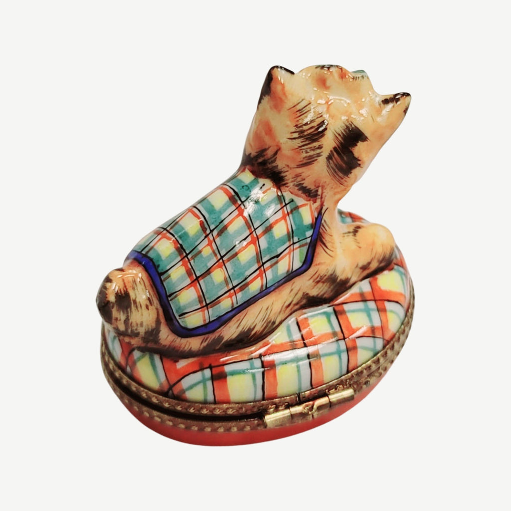 Fine French craftsmanship on the Terrier Yorkshire Dog Plaid Limoges box, painted by hand