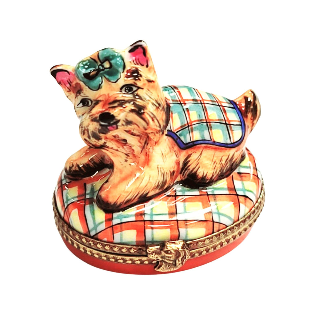 Authentic Terrier Yorkshire Dog Plaid Limoges box, hand-painted in France, from Limoges Boutique