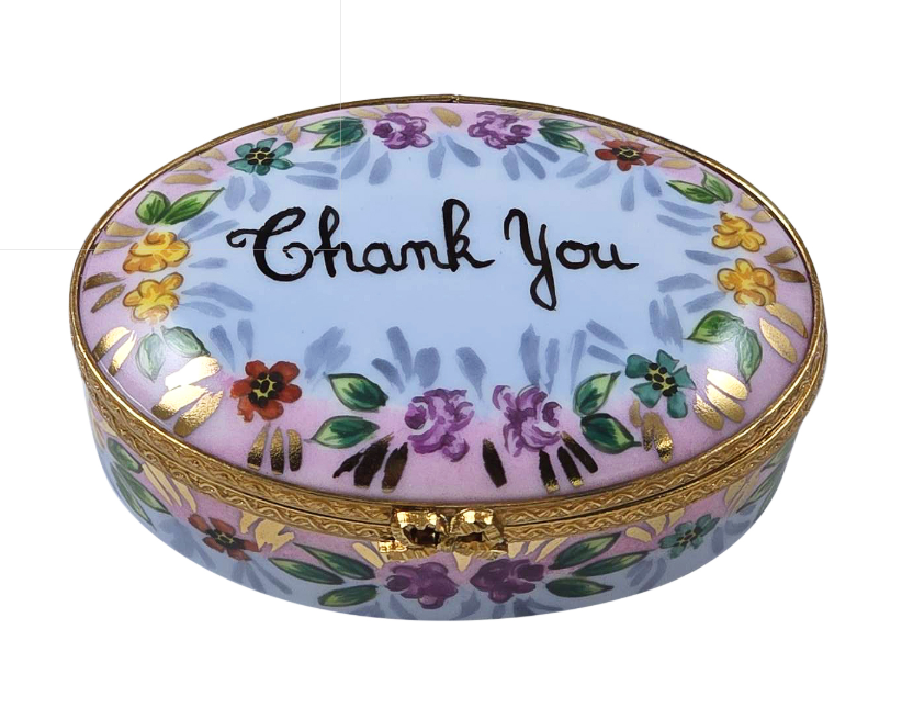 Thank You Oval Limoges Box Gift, a hand-painted Limoges porcelain gift