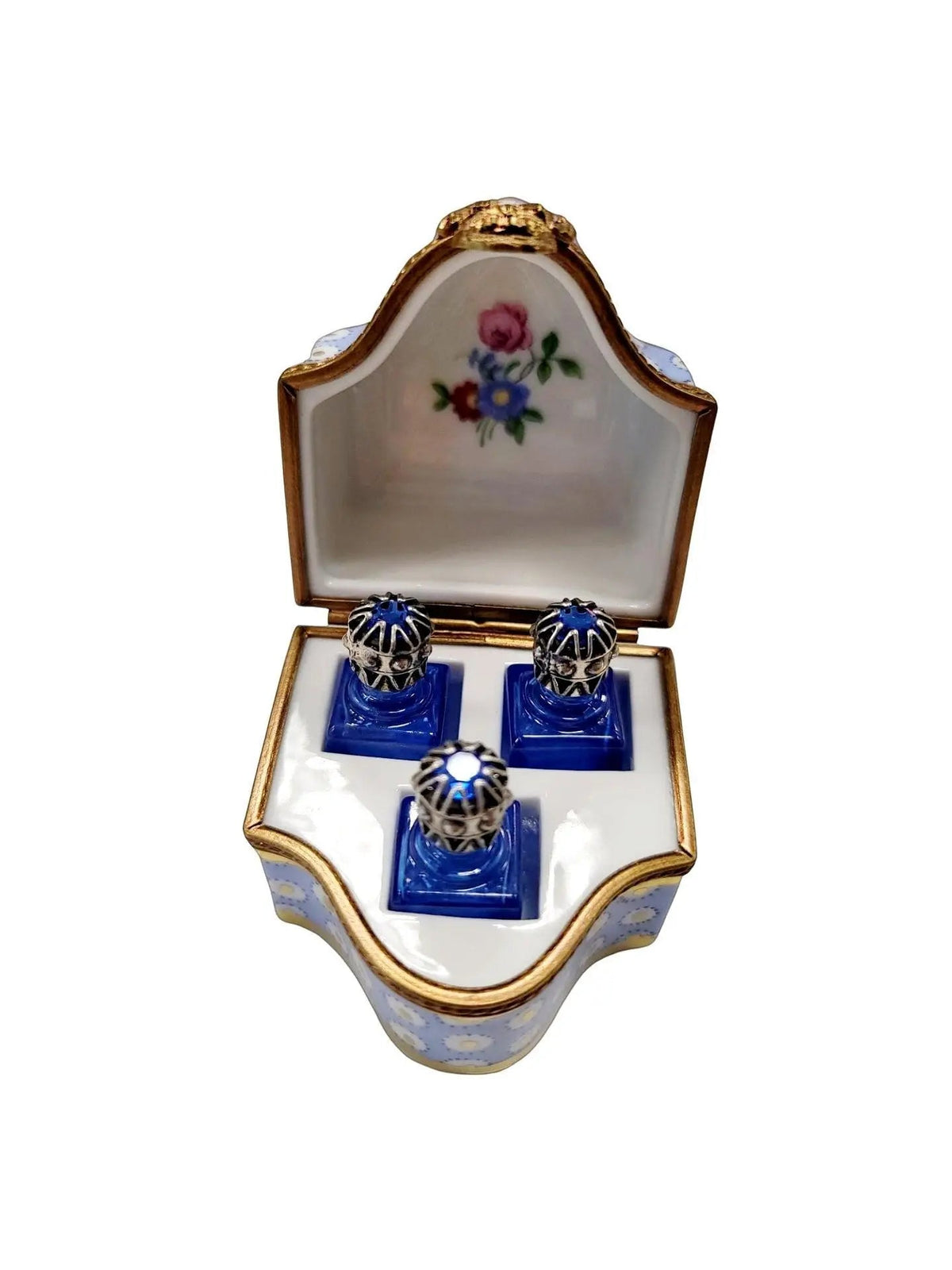 Fine French craftsmanship on the Three Perfume in Gold Blue Flowered Limoges box, painted by hand