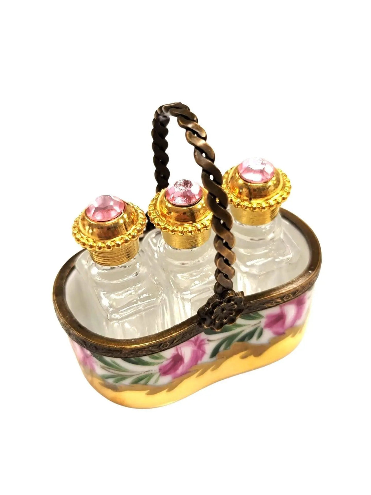 Artisan-painted 3 Perfumes in Gold Basket Limoges box from France, a cherished collectible