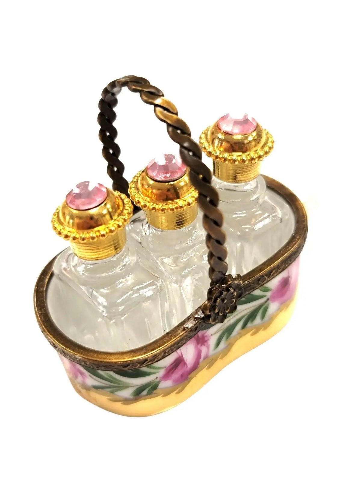 Treasured French collectible: 3 Perfumes in Gold Basket Limoges box, painted by hand