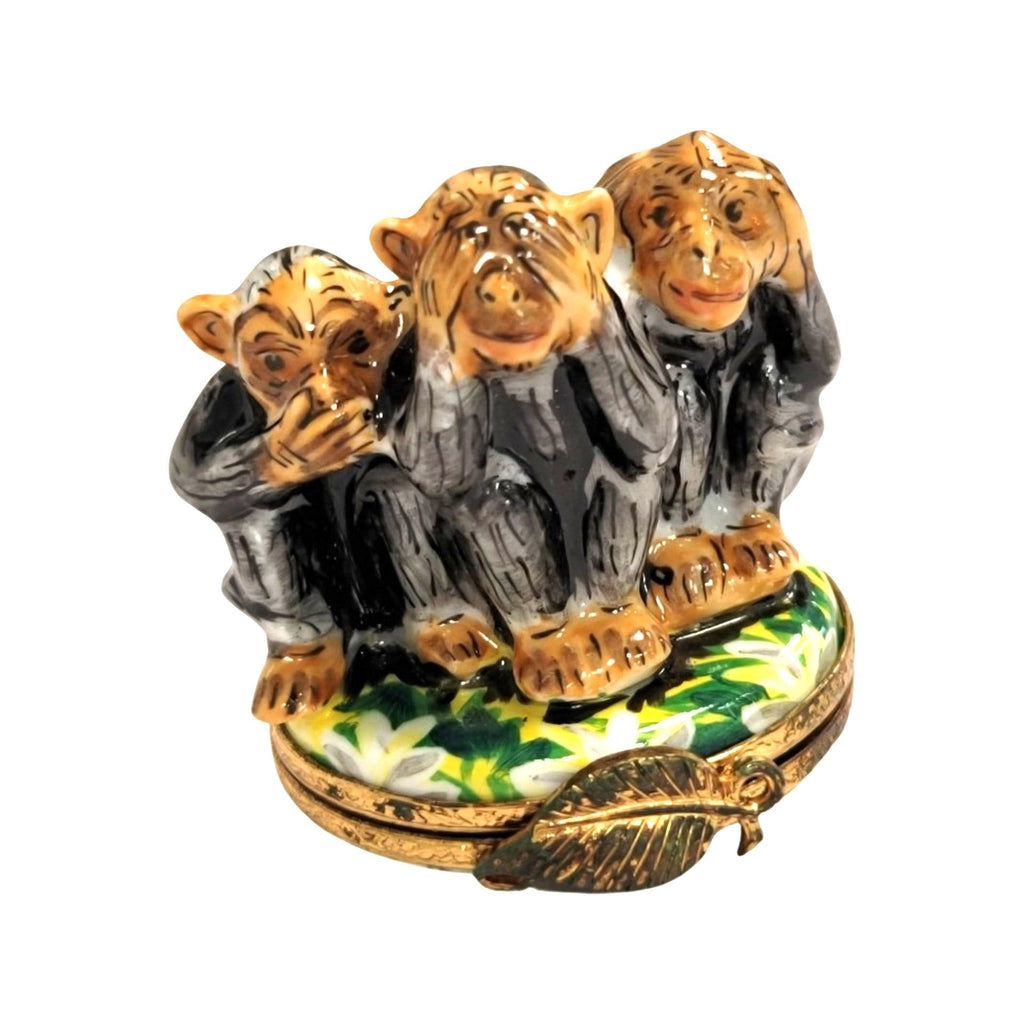 Three Monkeys Hear See Speak Limoges Box Figurine, a hand-painted Limoges porcelain gift