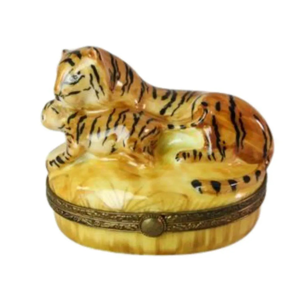 Tiger and Cub Porcelain Limoges Porcelain Art Object for Collectors, a hand-painted Limoges porcelain gift