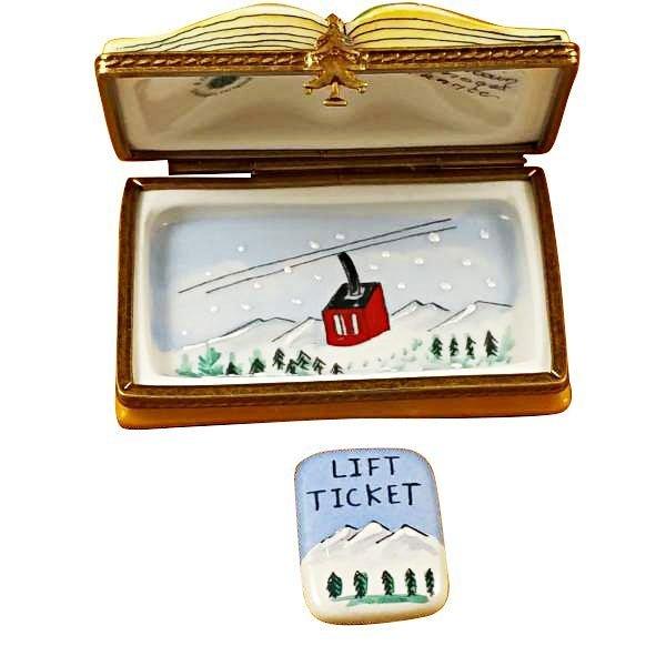 Artisan-painted Trail Map Skiing Skier with Removable Lift Ticket Limoges box from France, a cherished collectible