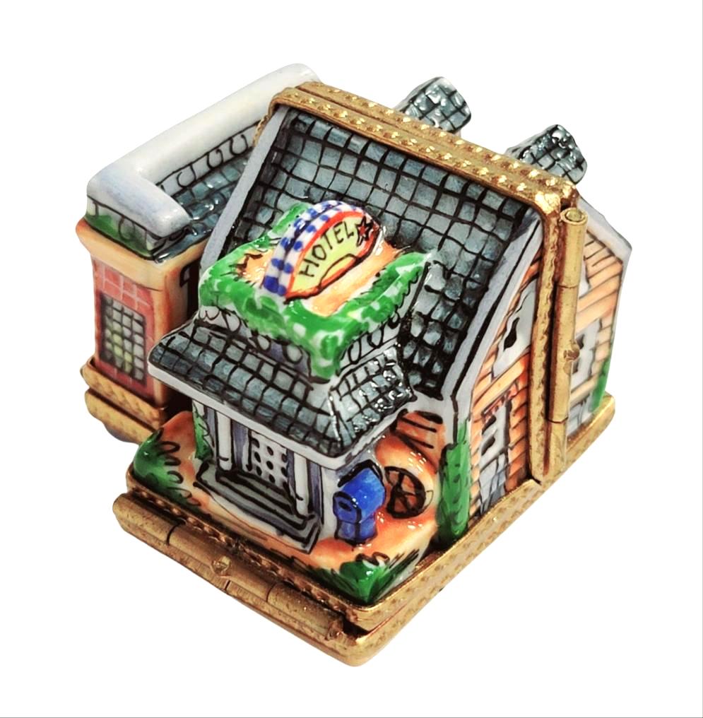 Triple Hinged Motel Garage Blue Limoges Box for Collectors, a hand-painted Limoges porcelain gift