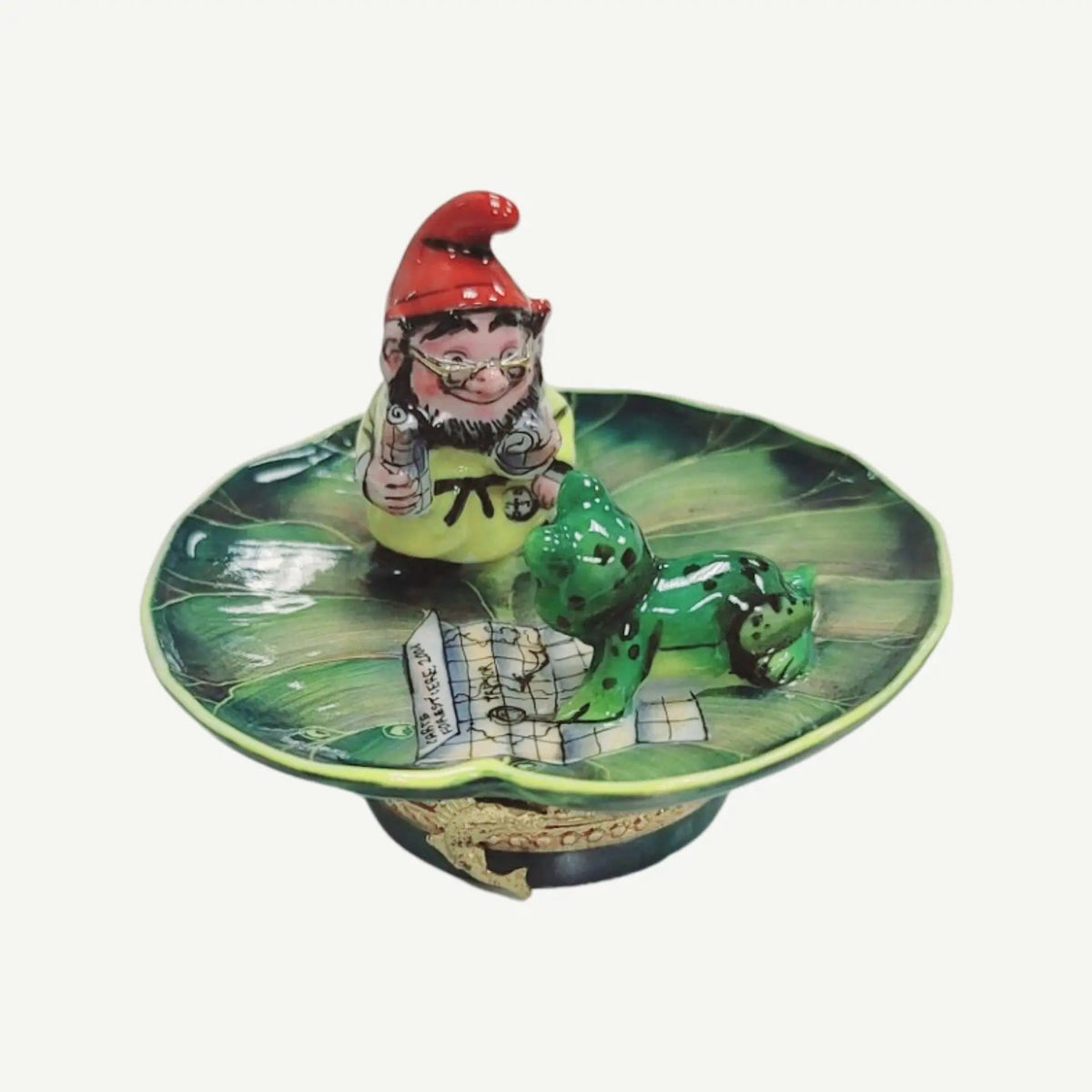 Troll Elf Leprechaun w/ Two Frogs on Lillypad Limoges Box, a hand-painted Limoges porcelain gift