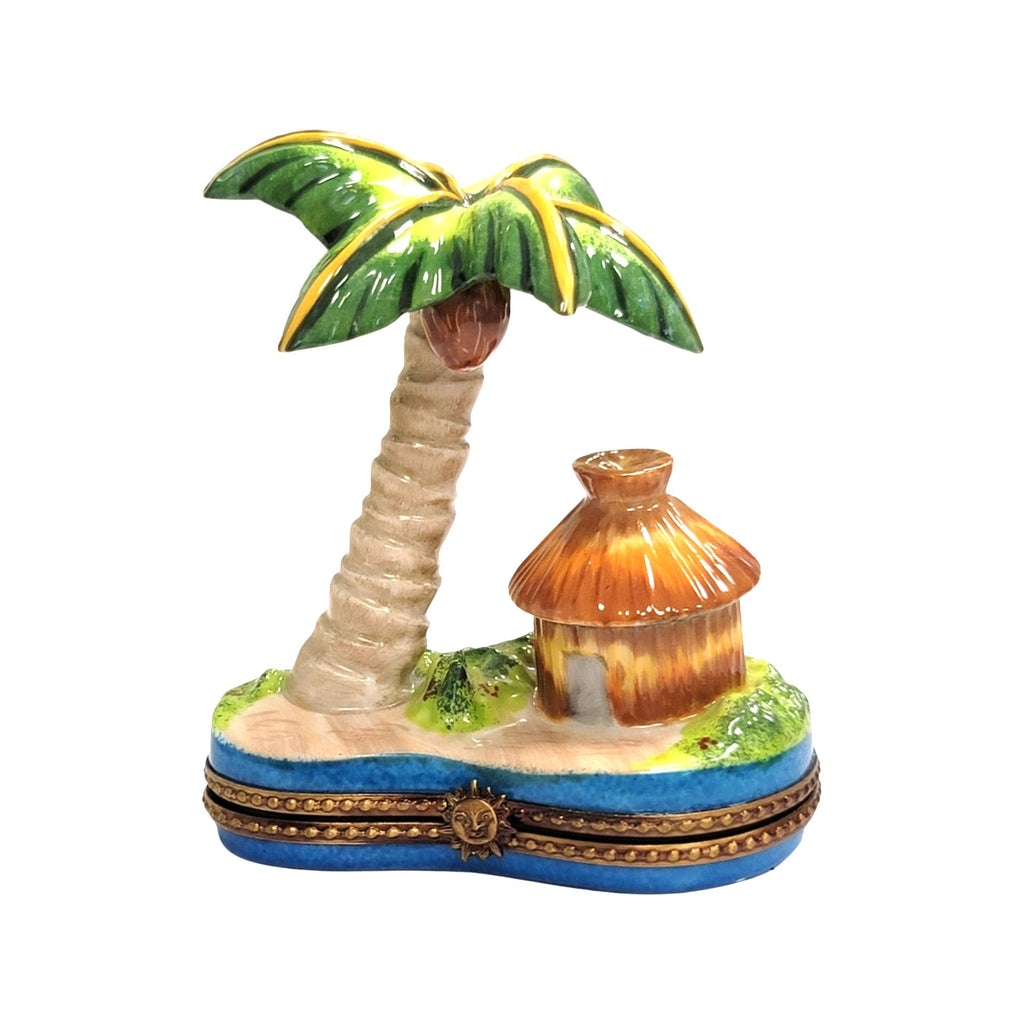 Palm Tree w Hut Limoges Box Figurine, a hand-painted Limoges porcelain gift