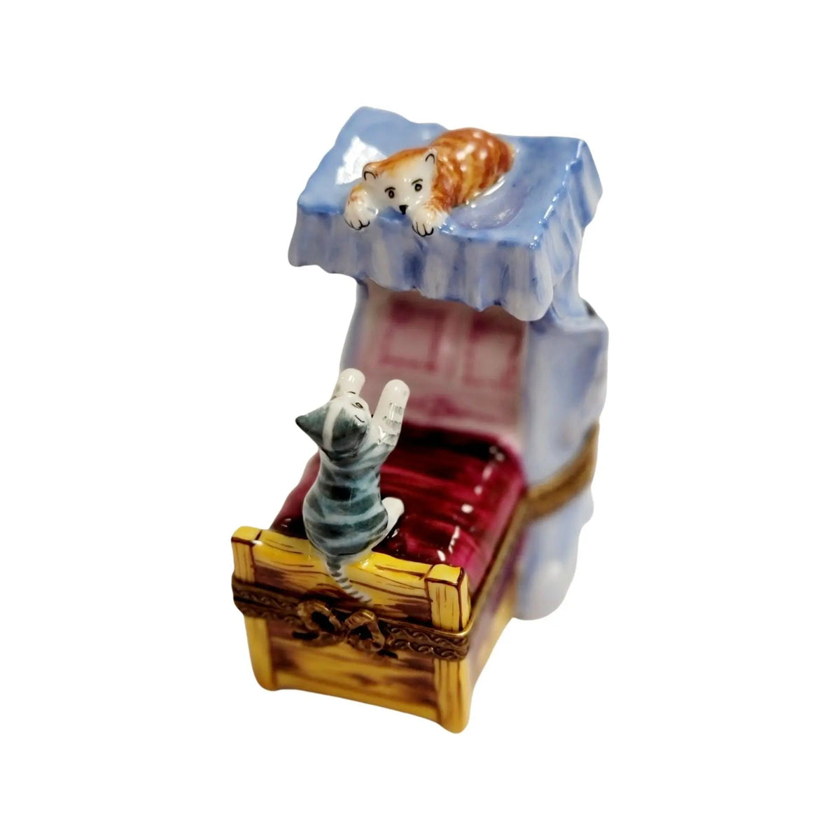 Two Cats Playing on Bed Limoges box painted by hand in Limoges, France, a gift to treasure