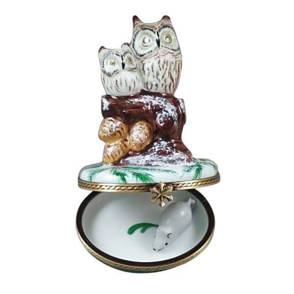 Two Owls With Snow Mouse Christmas Owl Limoges Box, view 2