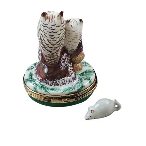 Two Owls With Snow Mouse Christmas Owl Limoges Box, view 3