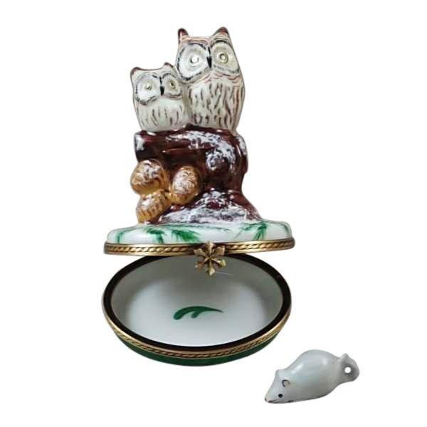 Two Owls With Snow Mouse Christmas Owl Limoges Box, view 4