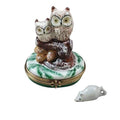 Two Owls With Snow Mouse Christmas Owl Limoges Box, a hand-painted Limoges porcelain gift