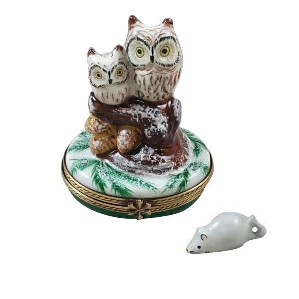 Two Owls With Snow Mouse Christmas Owl Limoges Box, a hand-painted Limoges porcelain gift