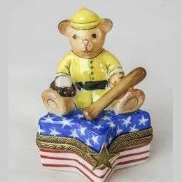 Underside of the USA Teddy Bear Baseball Star Limoges box with the maker's marks collectors look for
