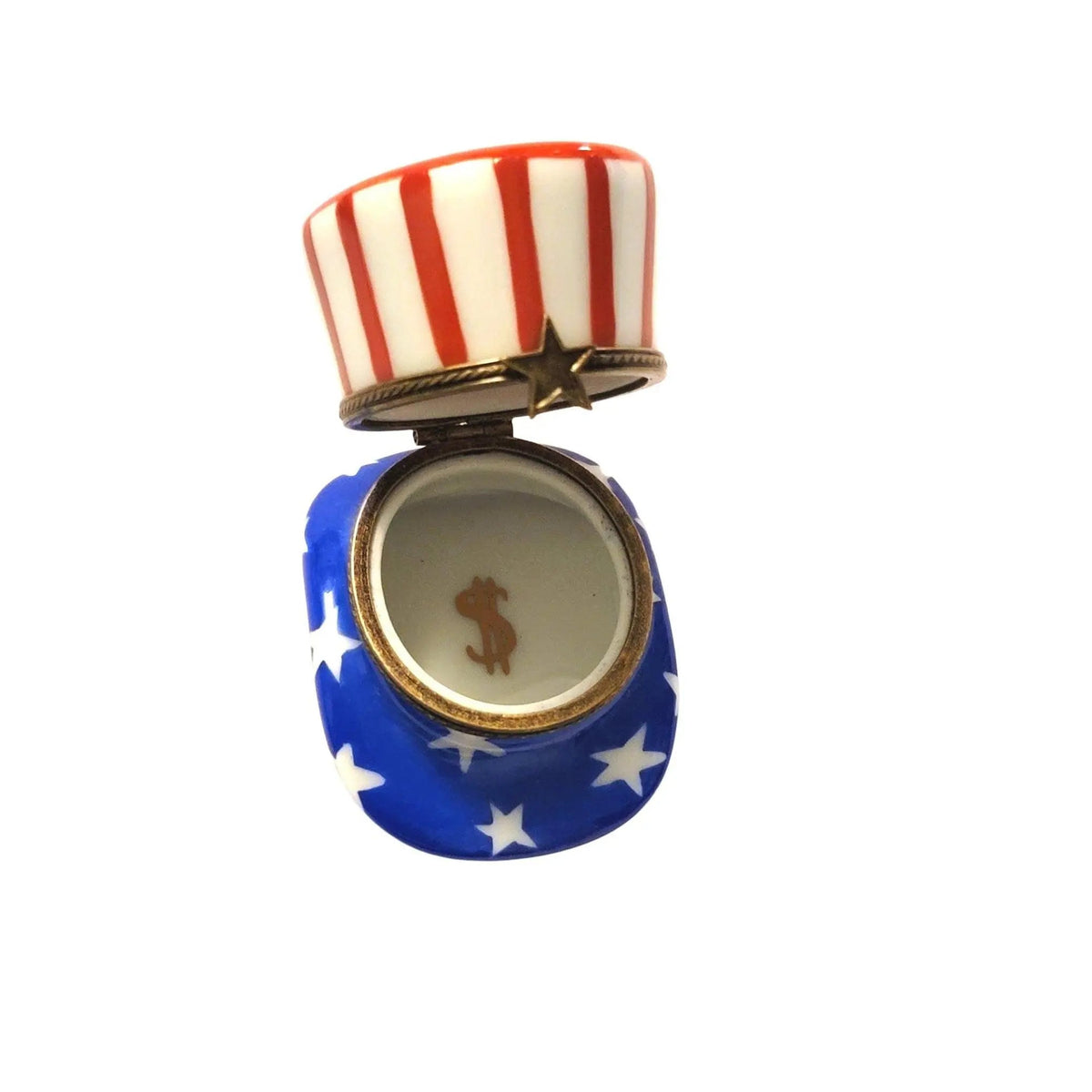 Fine French craftsmanship on the Uncle Sam's Hat Patriotic America United States Limoges box, painted by hand