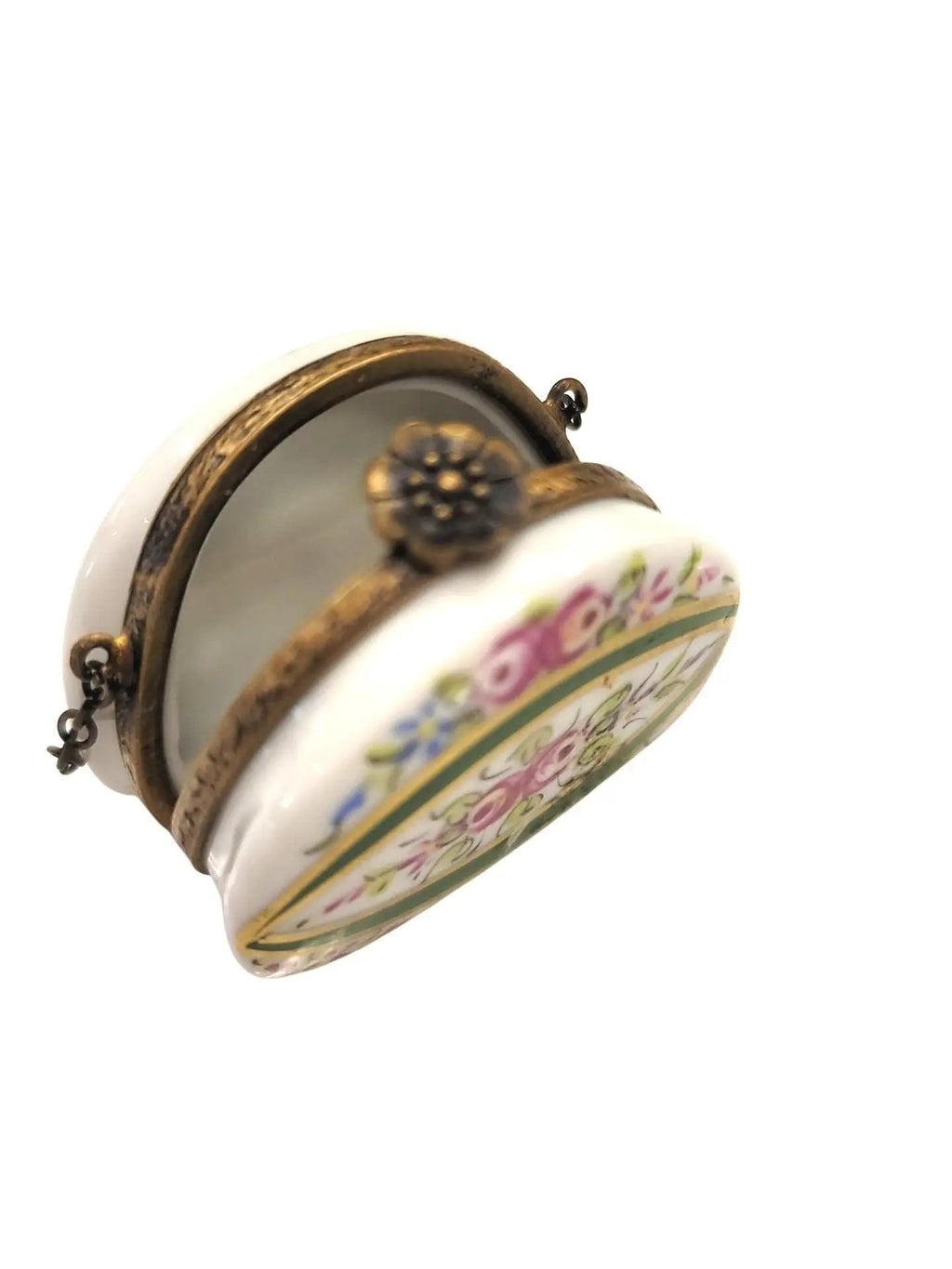 Purse w Flowers & Green Line Antiqued Brass Limoges Box, view 2