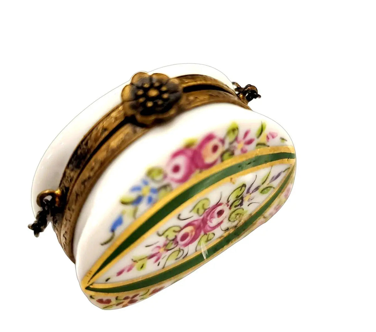 Genuine Purse with Flowers & Green Line Antiqued Brass Limoges box painted by hand in France, from Limoges Boutique