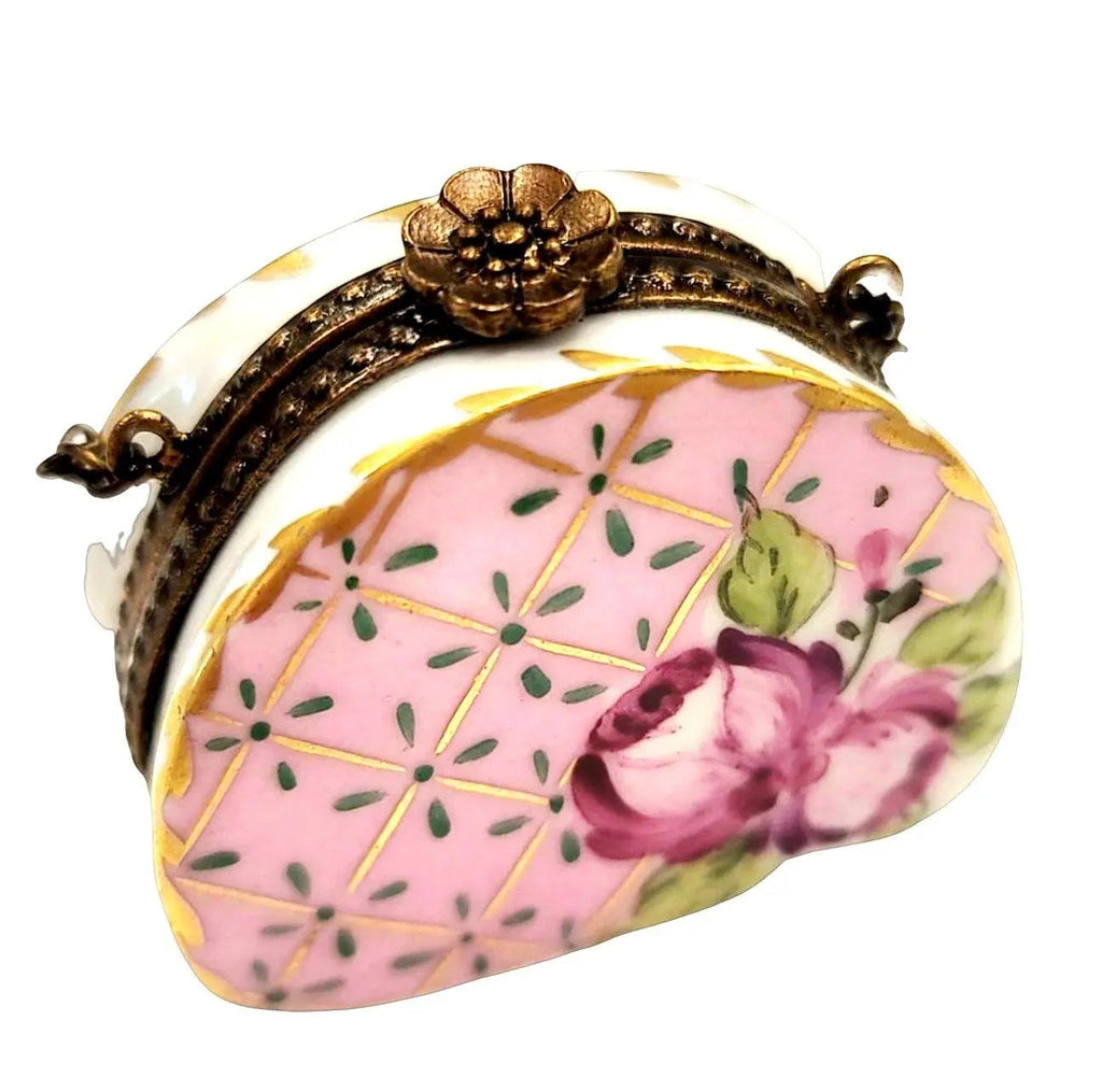 Pink w Blue Gold Purse Roses Limoges Box, a hand-painted Limoges porcelain gift