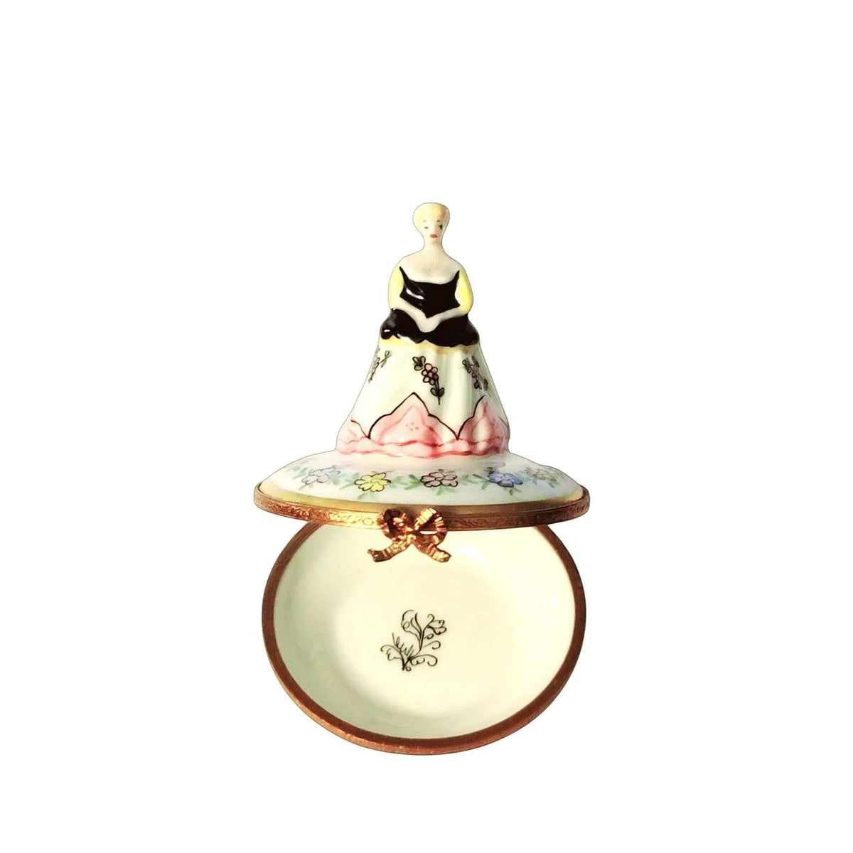 Every brushstroke by hand on the Evita Oleta Woman Dressed Victorian Limoges box from France